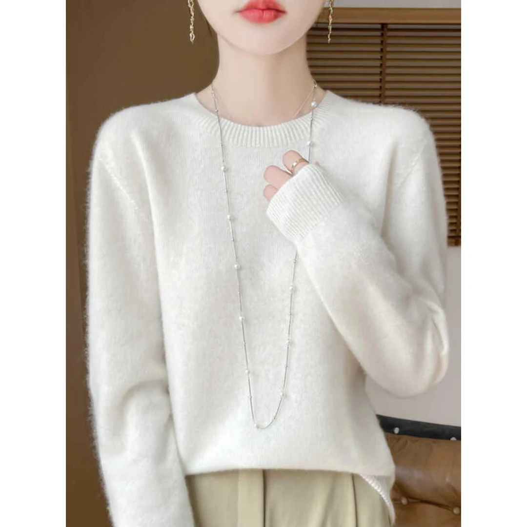 秋冬季新款女士打底针织衫圆领短款宽松套头百搭长袖纯色洋气毛衣