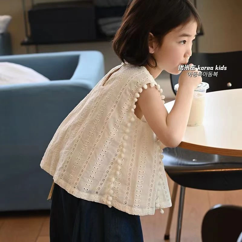 女童t恤夏装2025新款儿童洋气娃娃衫女孩夏季无袖中大童镂空上衣