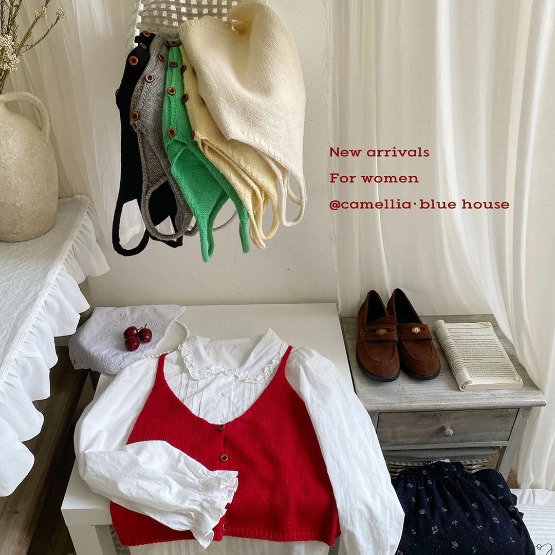 叠穿好物~法式V领无袖复古纽扣针织背心女秋温柔显瘦外搭马甲上衣