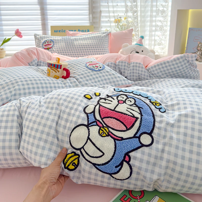 哆啦A梦毛巾绣四件套卡通儿童绣花被套男女孩宿舍单人床笠三件套.