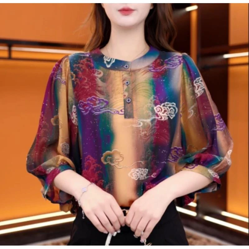 1-新款圆领气质小衫女衬衫洋气上衣七分袖时髦上衣打底