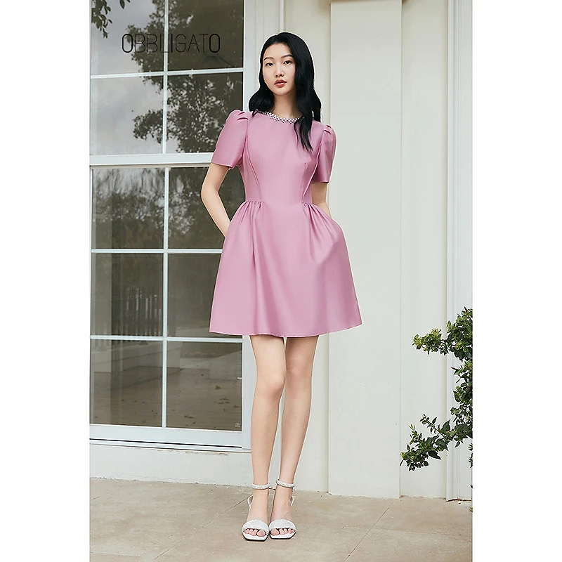 OBBLIGATO奥丽嘉朵2025夏季1C65205030新品钉珠袖山打褶连衣裙
