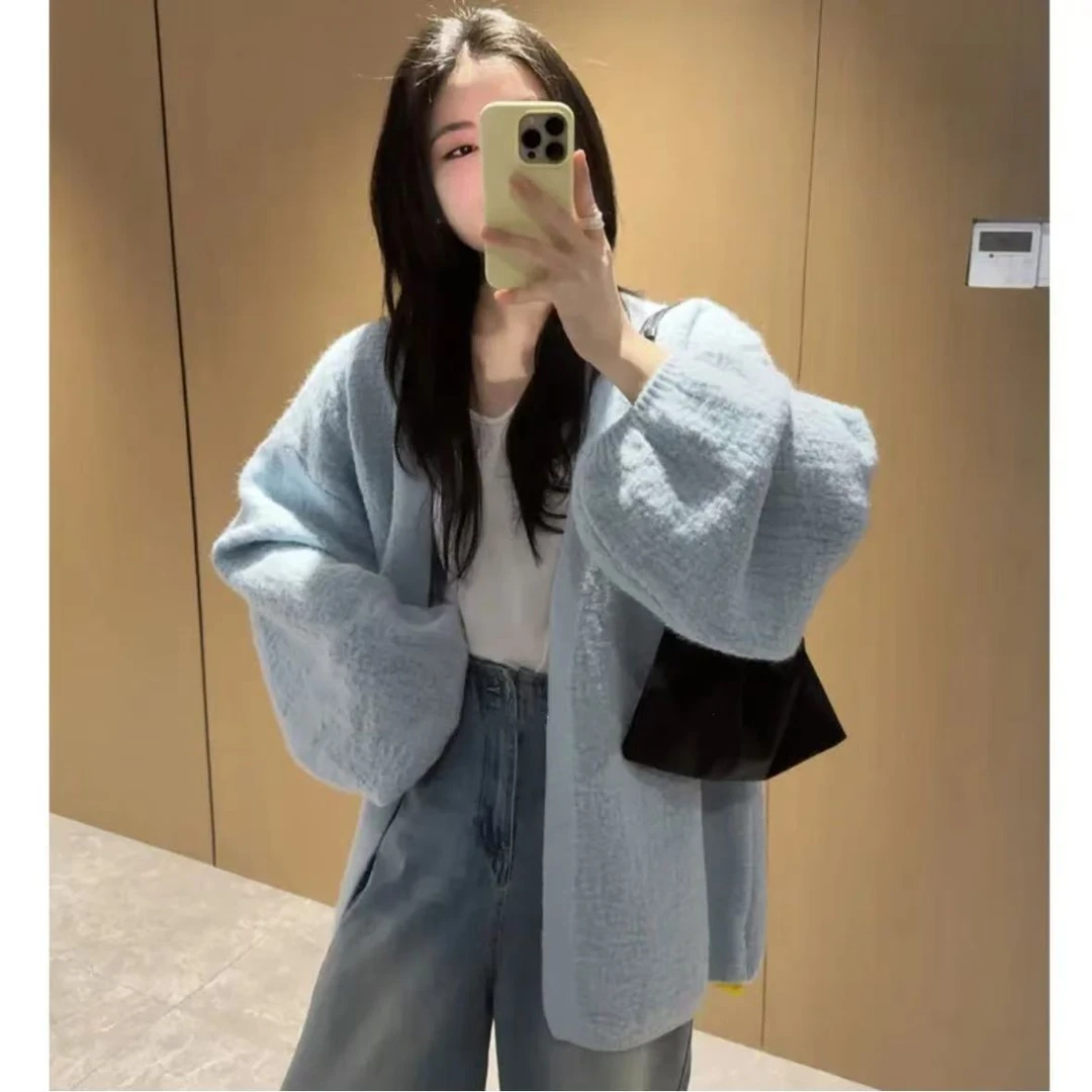 树皮纹2025年新工艺开衫灯笼袖慵懒风百搭毛衣宽松显瘦春秋款外套