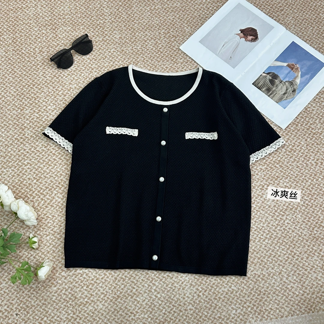 微胖女装【华伦香风】小香风蕾丝拼接冰丝针织衫上衣夏季短袖5180