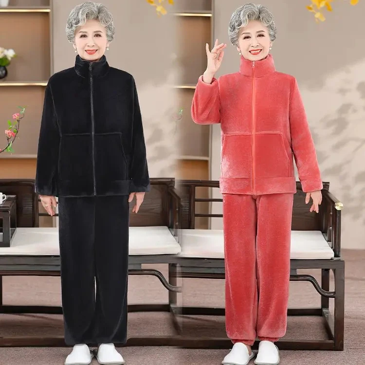 老人奶奶睡衣女法兰绒宽松秋冬季珊瑚绒冬天中老年人妈妈拉链套装