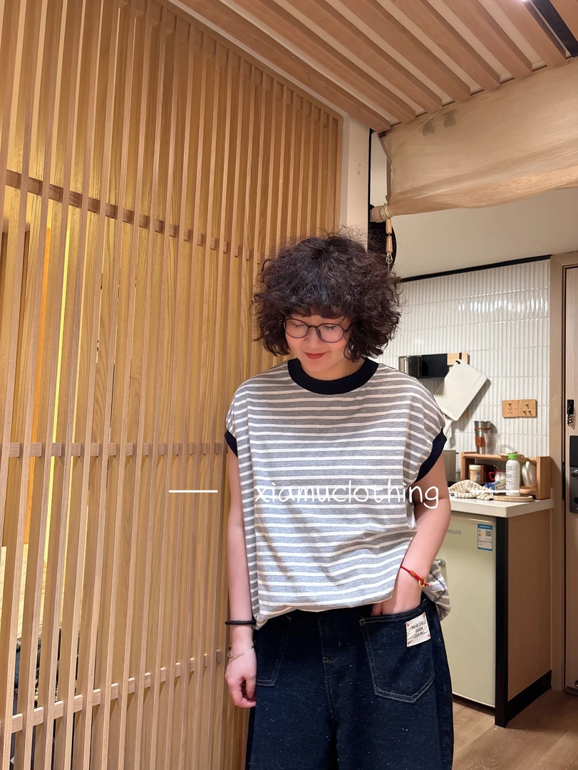 夏沐家休闲条纹宽松百搭棉T恤9919