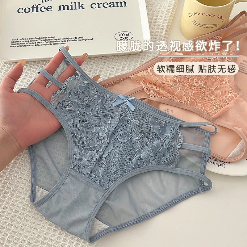 法式纯欲ol蕾丝内裤中腰女中低腰舒适网纱性感镂空细带女士三角裤