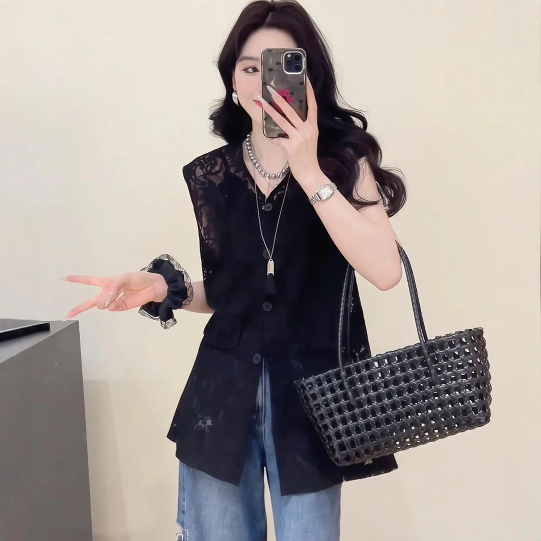 韩系定制黑色蕾丝镂空衬衫外套女夏季轻奢高级感外搭开衫无袖上衣