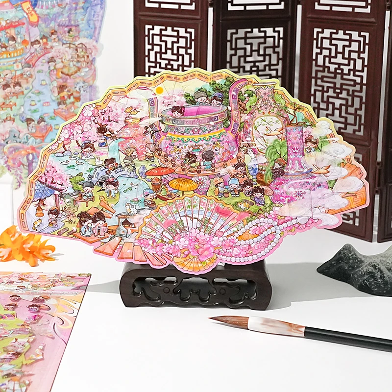子亦彩瓷拼贴文物修复微缩造景扇面瓷器小镇古风拼图元素场景贴纸
