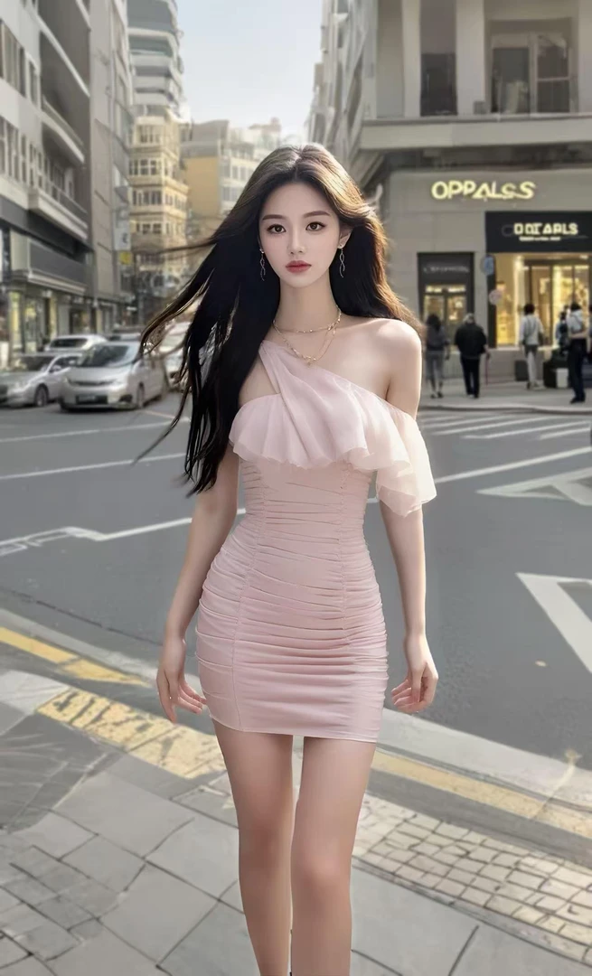 柔雾粉小众设计时尚斜肩包臀连衣裙气质小清新高级感辣妹性感温柔