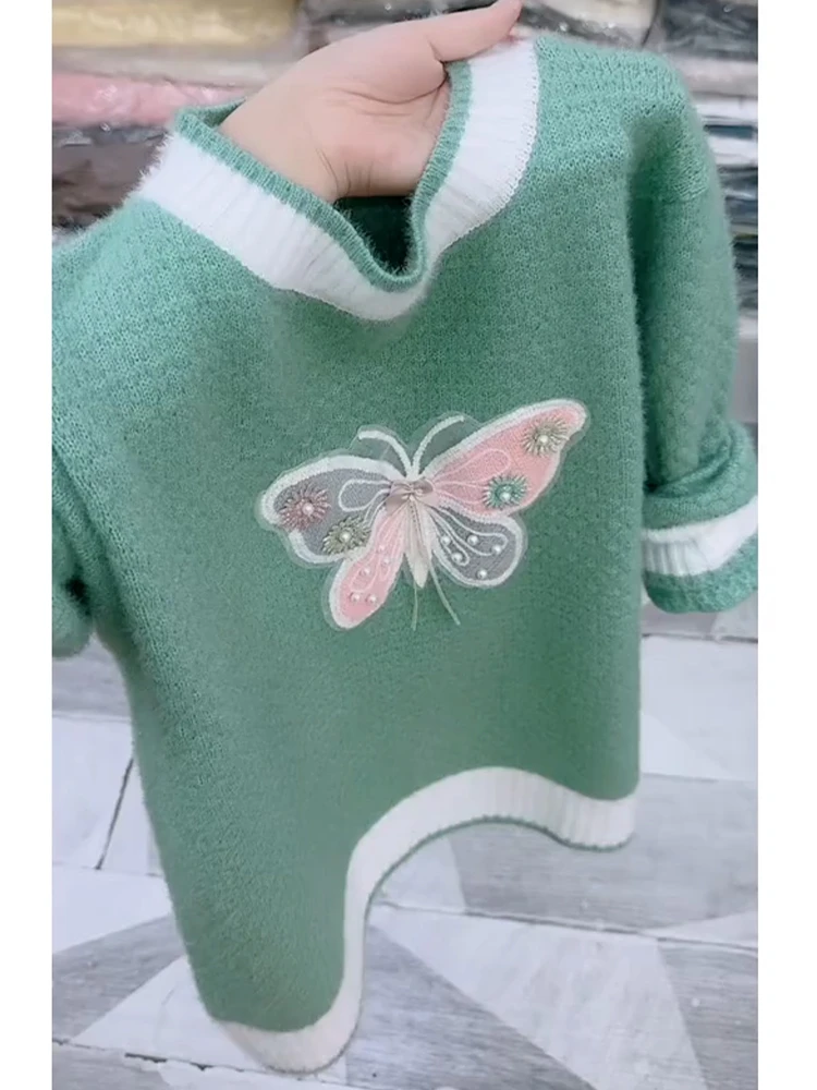 欧货复古蝴蝶刺绣拼色针织衫上衣女秋季新款洋气百搭潮流套头毛衣
