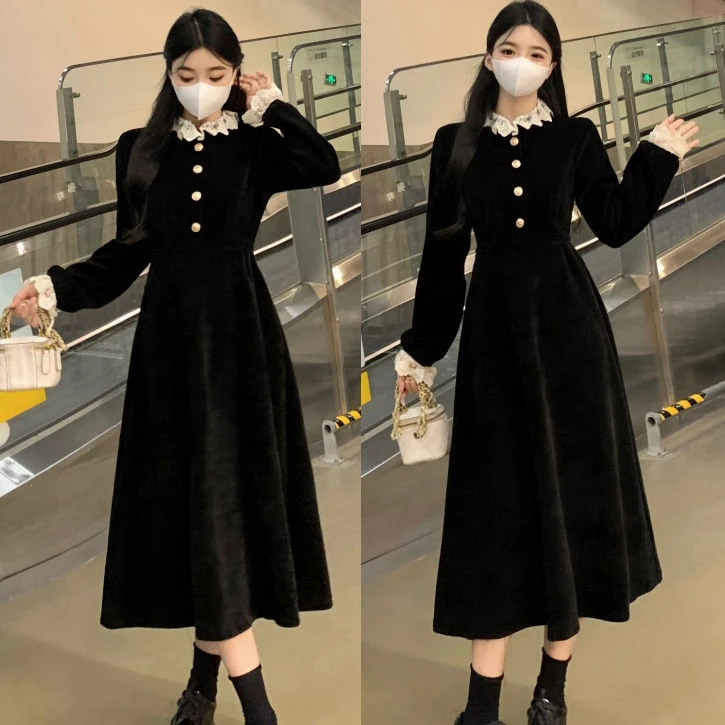 黑色赫本风小个子连衣裙子女装早秋季2025新款高级感内搭气质长裙