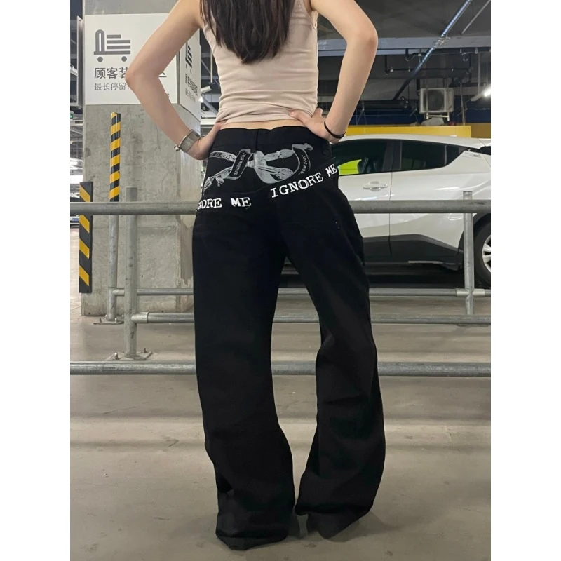美式辣妹字母刺绣弯刀牛仔裤女冬季新款复古百搭高腰黑色阔腿裤潮
