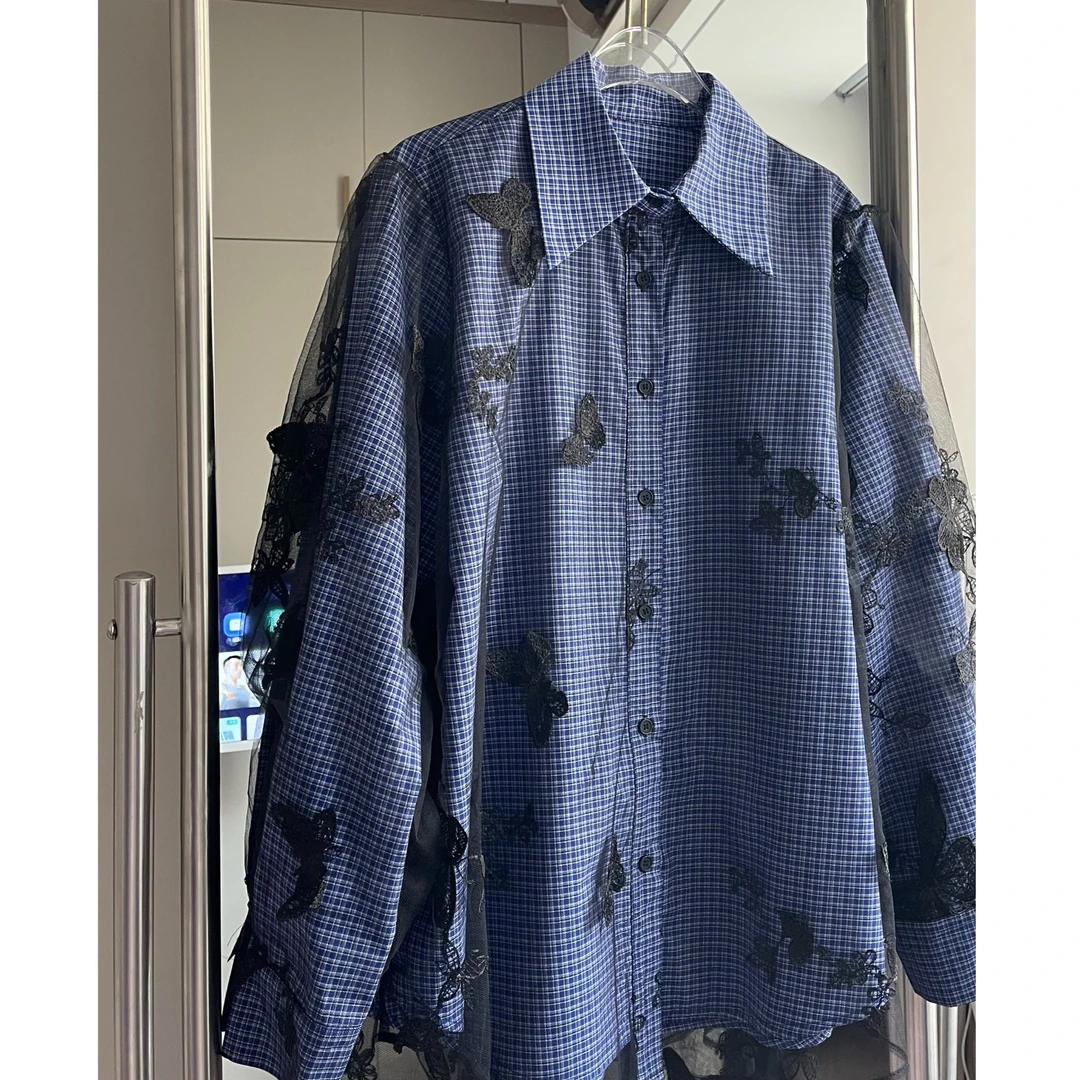 春季新款轻奢蝴蝶刺绣网纱蕾丝长袖格子衬衫双层假两件