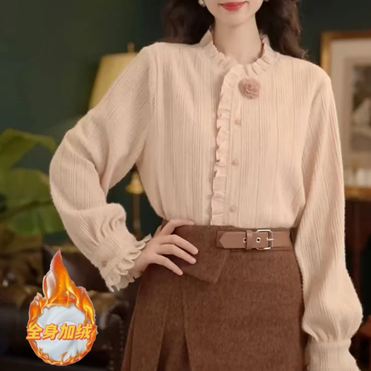 【荔枝桃饮】加绒加厚气质港风设计感宽松长袖衬衫蕾丝衫9515