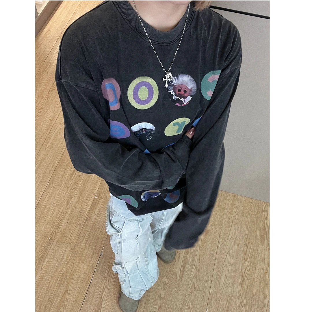 【趣多多对对碰】美式休闲设计感小领口宽松印花长袖T恤hiphop可爱