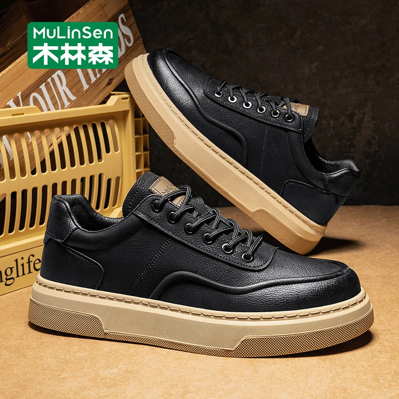 木林森男鞋2025新款透气一脚蹬复古板鞋男士休闲鞋秋季皮面工作鞋