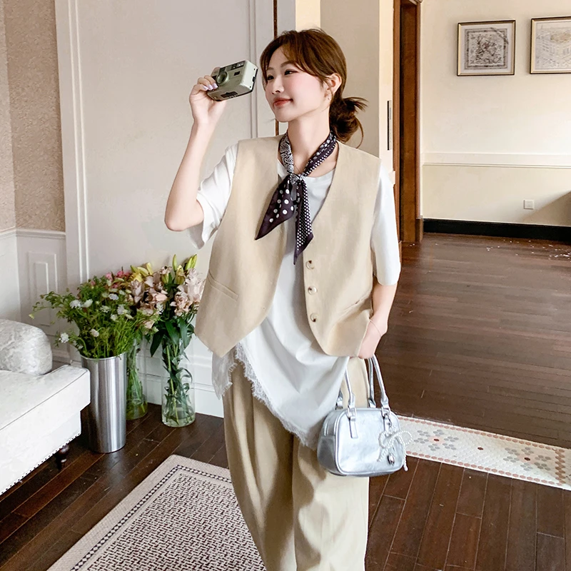 老钱风气质马甲套装女夏季2025新款高级松弛感t恤阔腿裤三件套