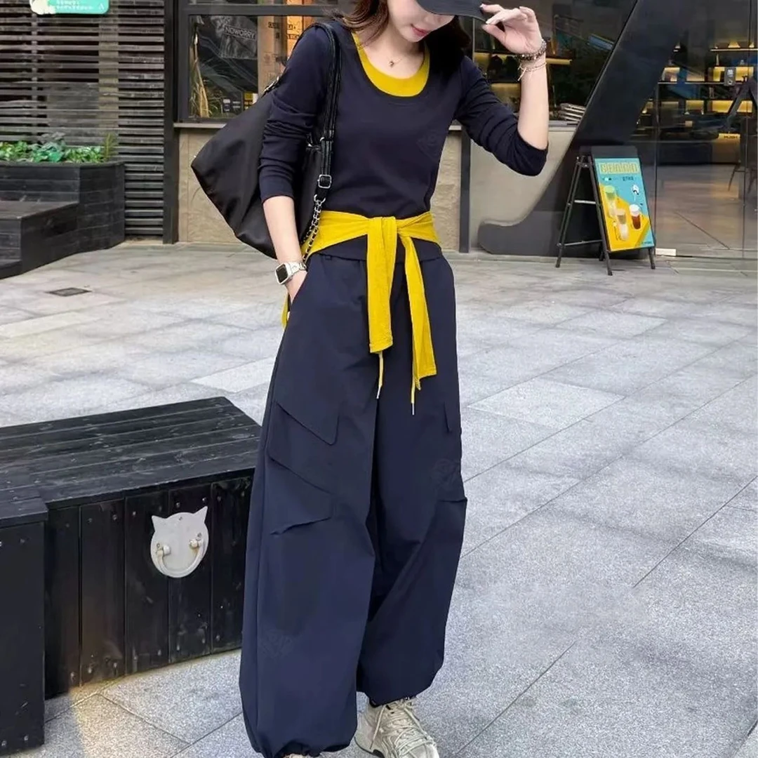 早秋韩范气质休闲带披肩撞色显瘦工装阔腿裤套装