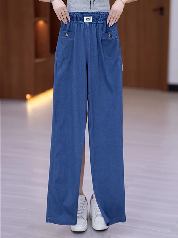 夏季牛仔裤女长裤高腰直筒裤松紧腰薄款时尚宽松显瘦大码休闲裤女
