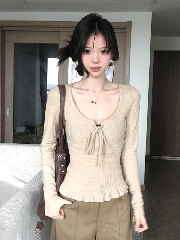 韩系纯欲方领绑带长袖T恤女秋冬季设计感收腰显瘦内搭打底衫上衣