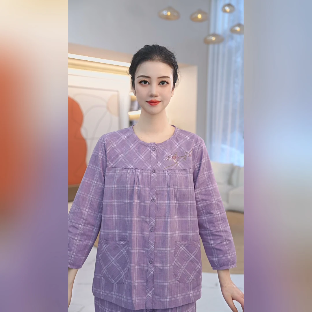 秋鹿RC梭织提花格圆领九分袖九分裤女套