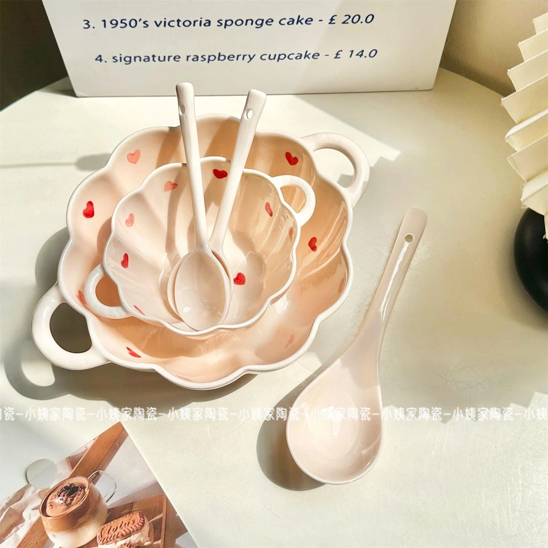 161【3件套】粉色爱心双耳碗 大号+小号+勺子 奶油粉爱心双耳汤碗