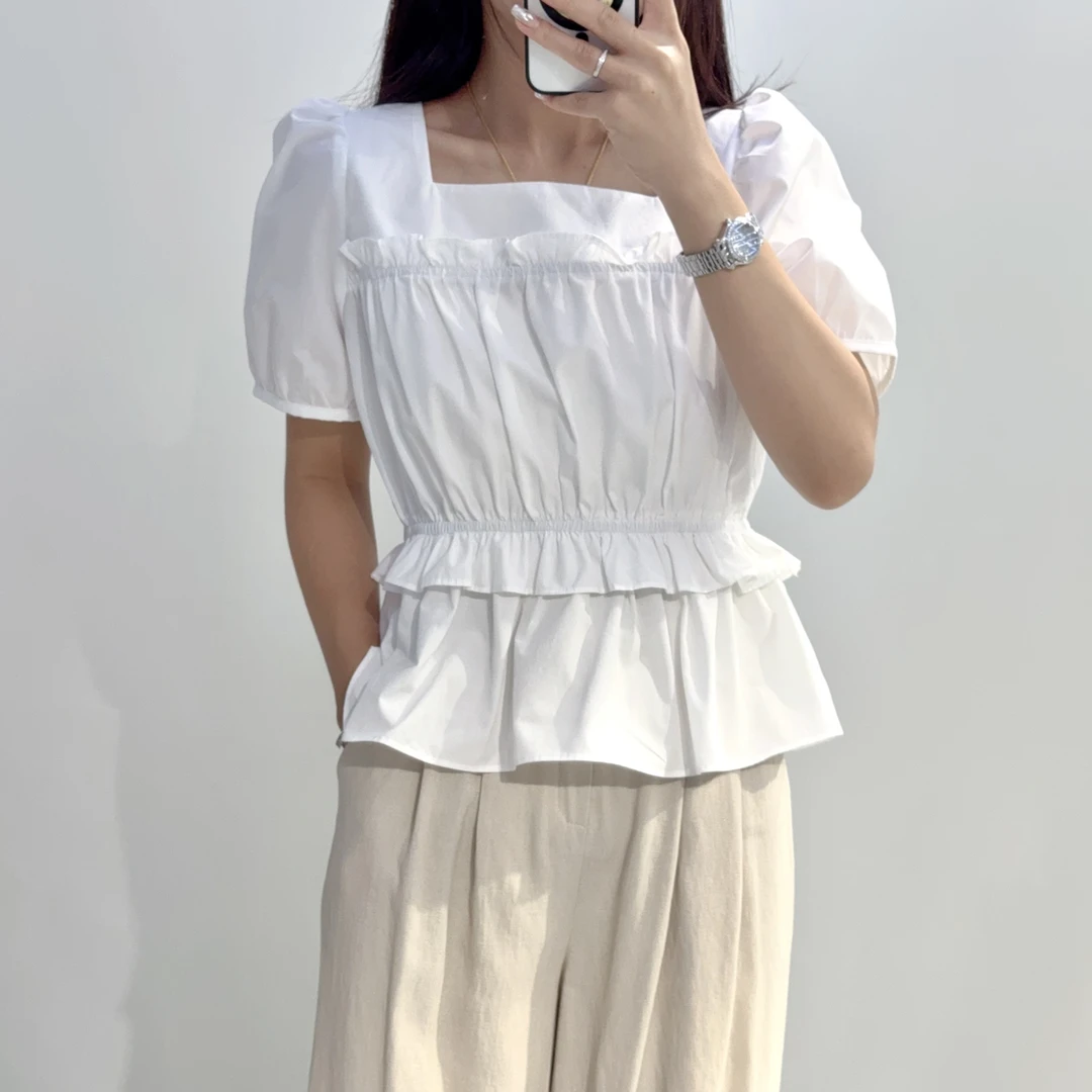 夏季新款方领泡泡袖雪纺衬衫女收腰显瘦减龄洋气小衫