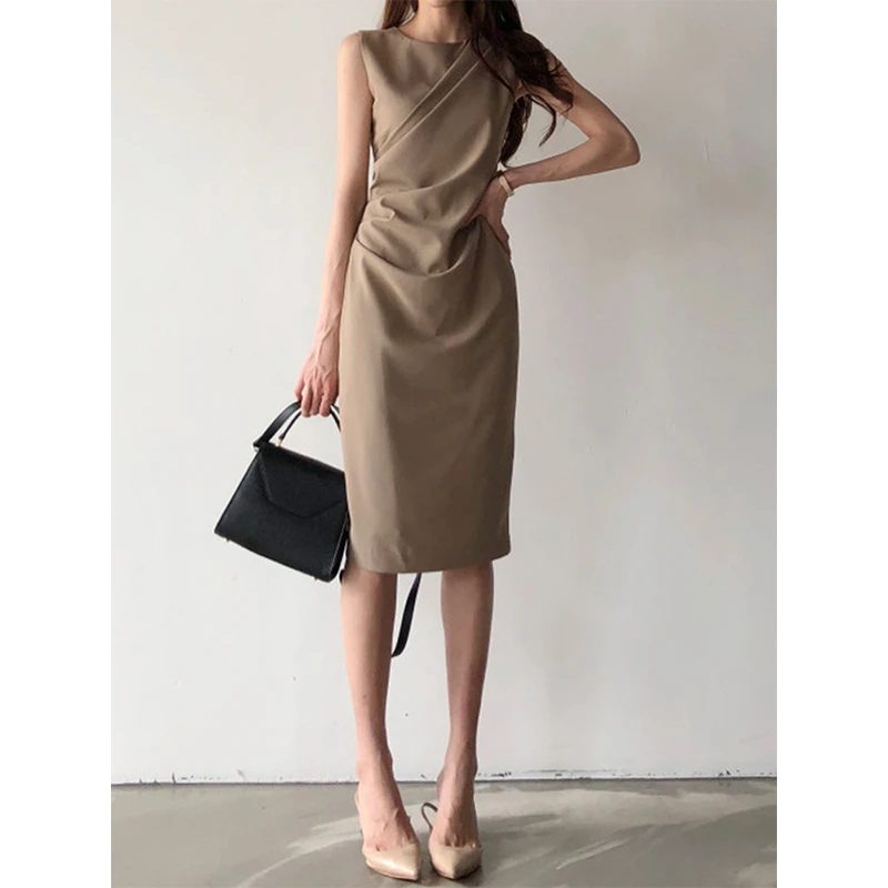 法式褶皱修身包臀无袖连衣裙女小众新款春秋职业ol通勤中长款裙子