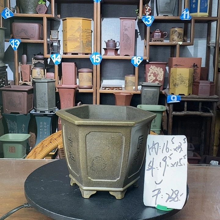 紫砂花盆鲨皮青六方