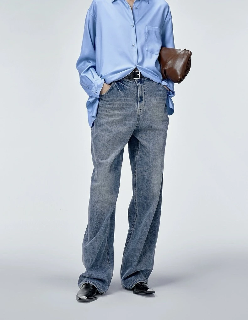 （斐璐）南南后腰拼接明星款弹力高腰定位磨白香蕉牛仔裤弯刀