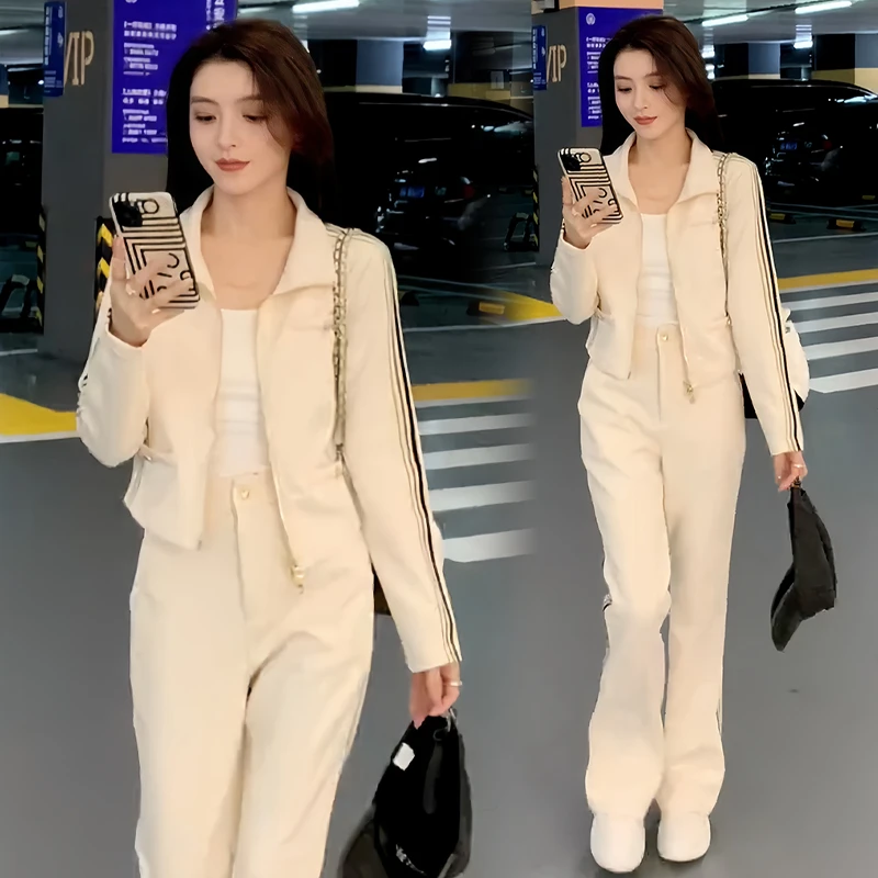 高含棉纯色休闲套装女2025年春秋新款小个子洋气上衣直筒裤套装