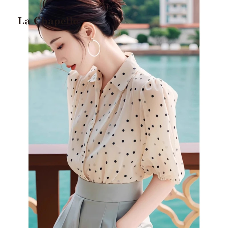 拉夏贝尔法式气质米白色圆点短袖衬衫女25年夏季新款独特绝美衬衣