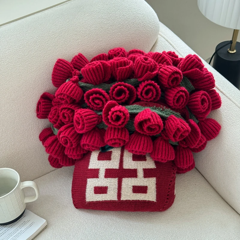 成品玫瑰花束喜字毯子免手工针织毯子沙发盖毯送朋友闺蜜新婚礼物