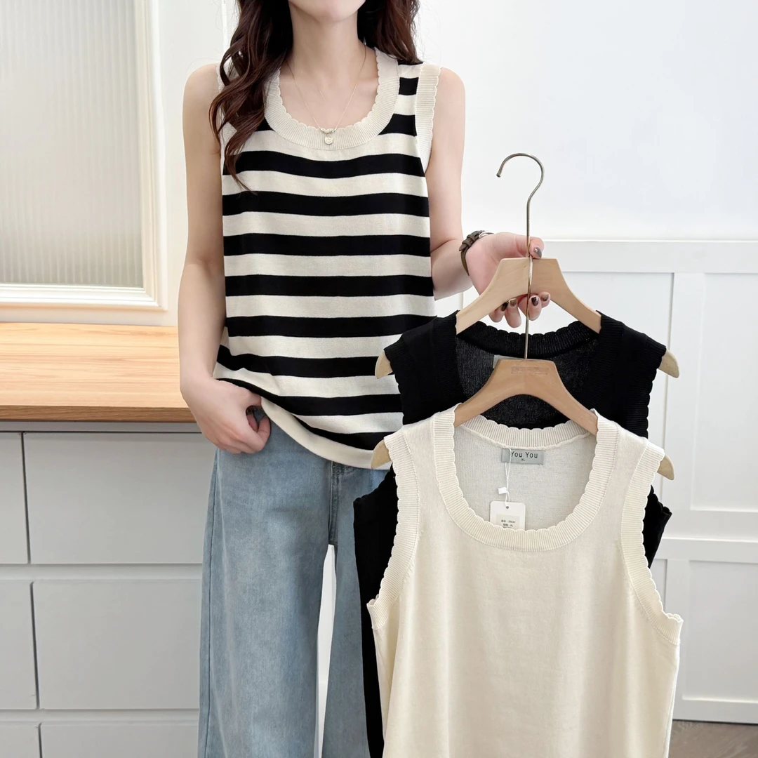 千寻--100-200斤大码女装夏季宽松显瘦条纹无袖百搭打底背心外穿
