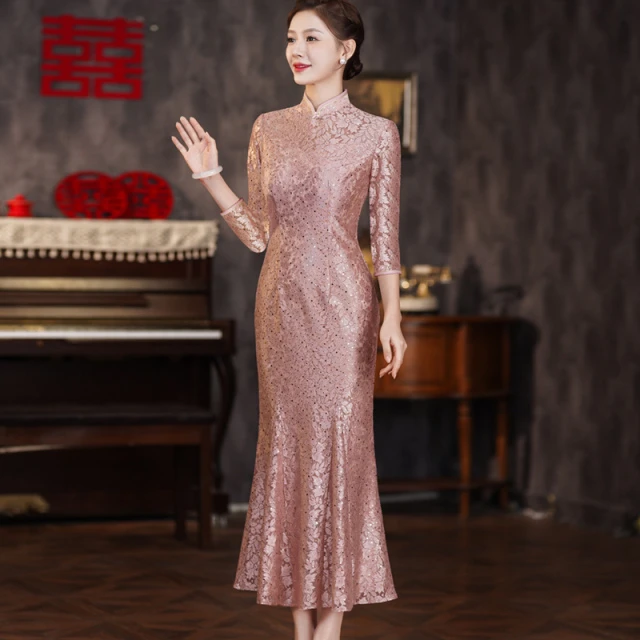 蕾丝鱼尾中长款旗袍新中式年轻喜妈妈婚宴装高端春夏修身敬酒礼服