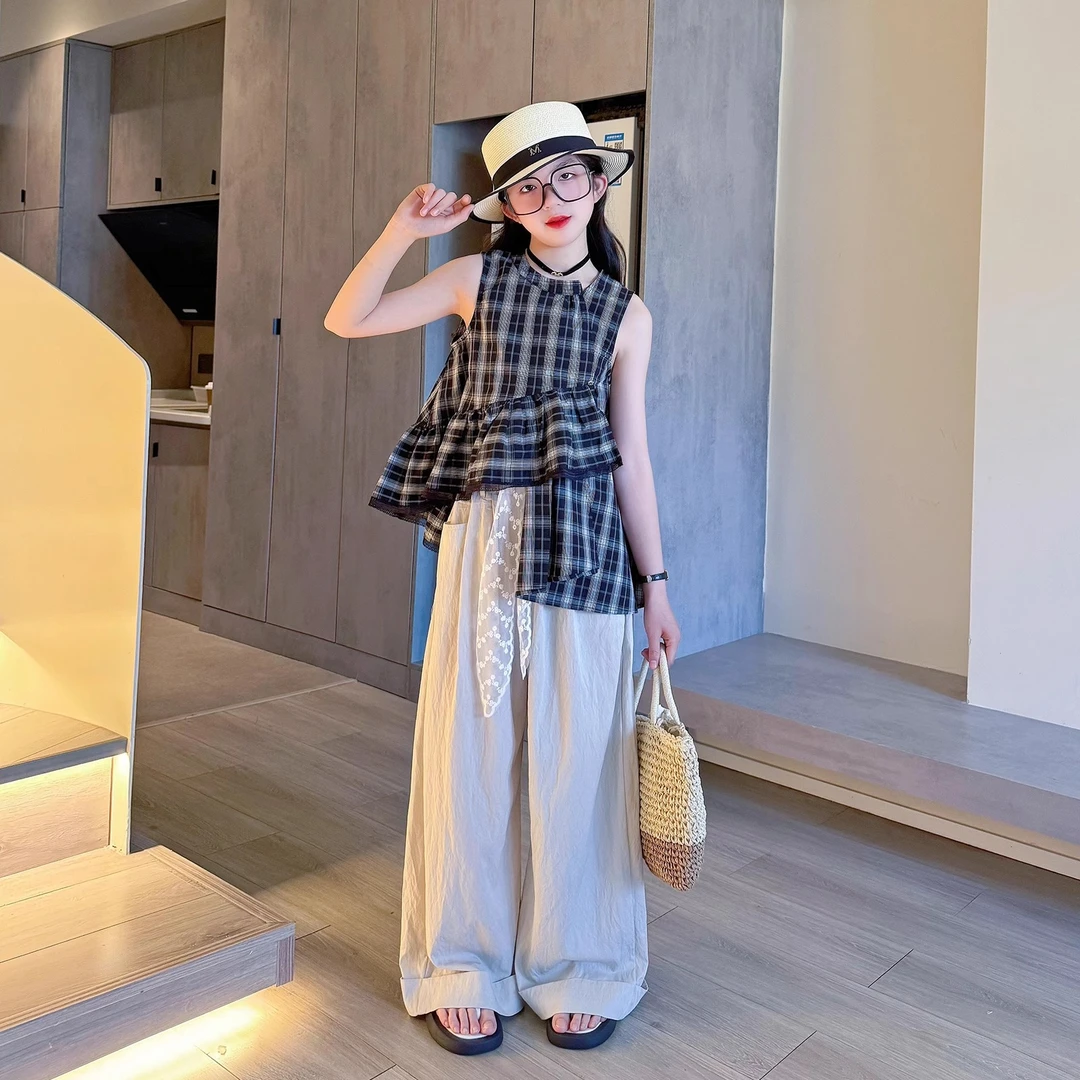 女童夏装套装2025新款儿童时髦洋气夏季大童格子背心阔腿裤两件套