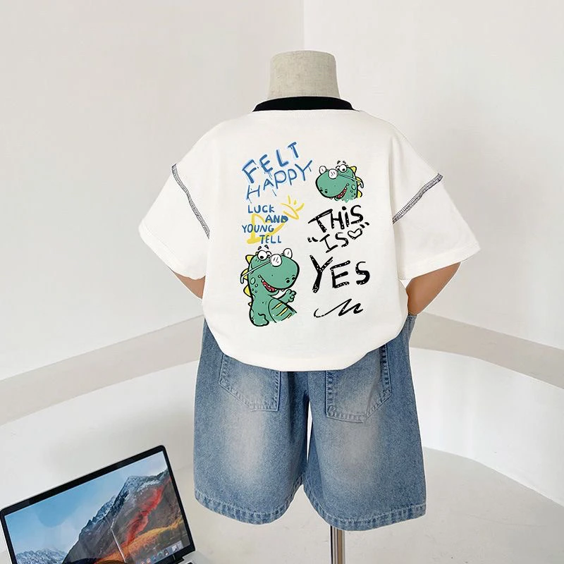 短袖t恤男童夏季2025新款儿童洋气宽松宝宝休闲痞帅中大童薄T恤潮