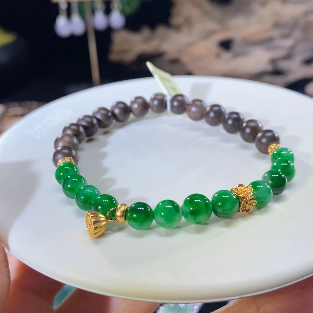 翡翠未镶嵌颈饰翡翠18k金辣绿小珠手串