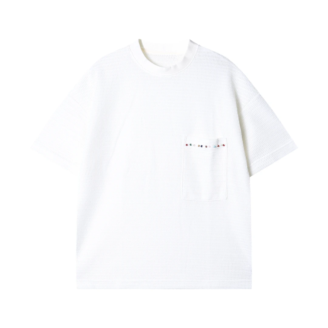 早春新款时尚个性韩版纯色拼接口袋珠子短袖T恤简约休闲套头上衣