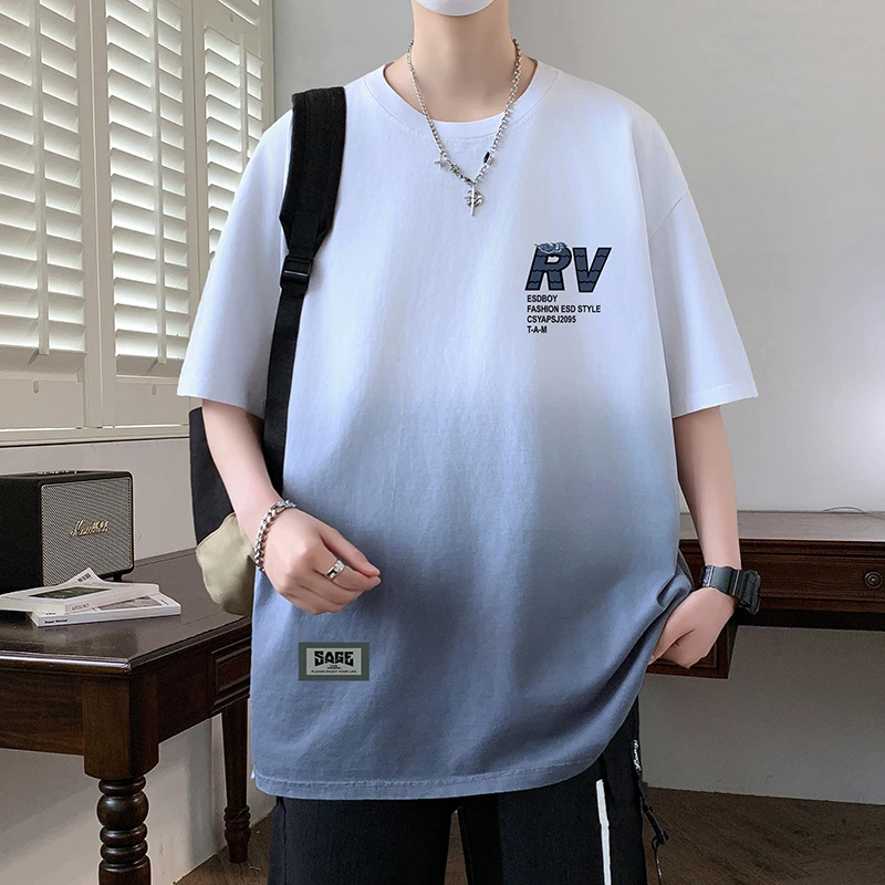 重磅渐变宽松短袖t恤夏季2025新款半袖青少年潮牌潮上衣男士美式