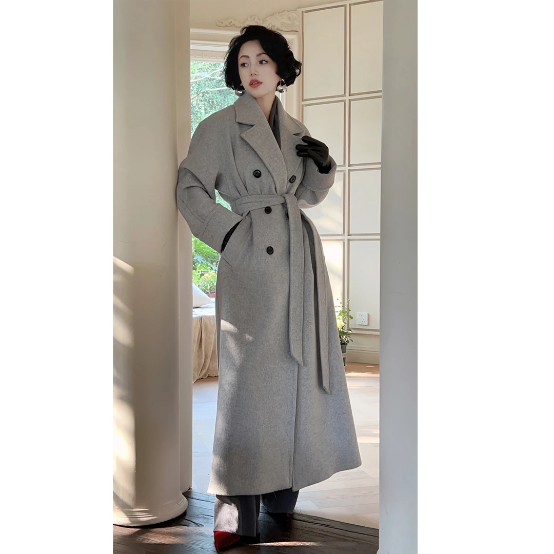 LYXJ【唐顿庄园】秋冬重工烟灰色长款毛呢10602