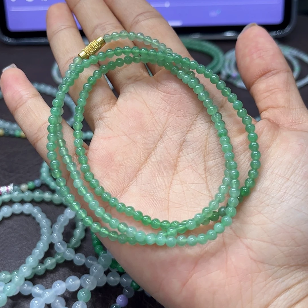 翡翠散珠翡翠Ａ货甜绿小米珠项链