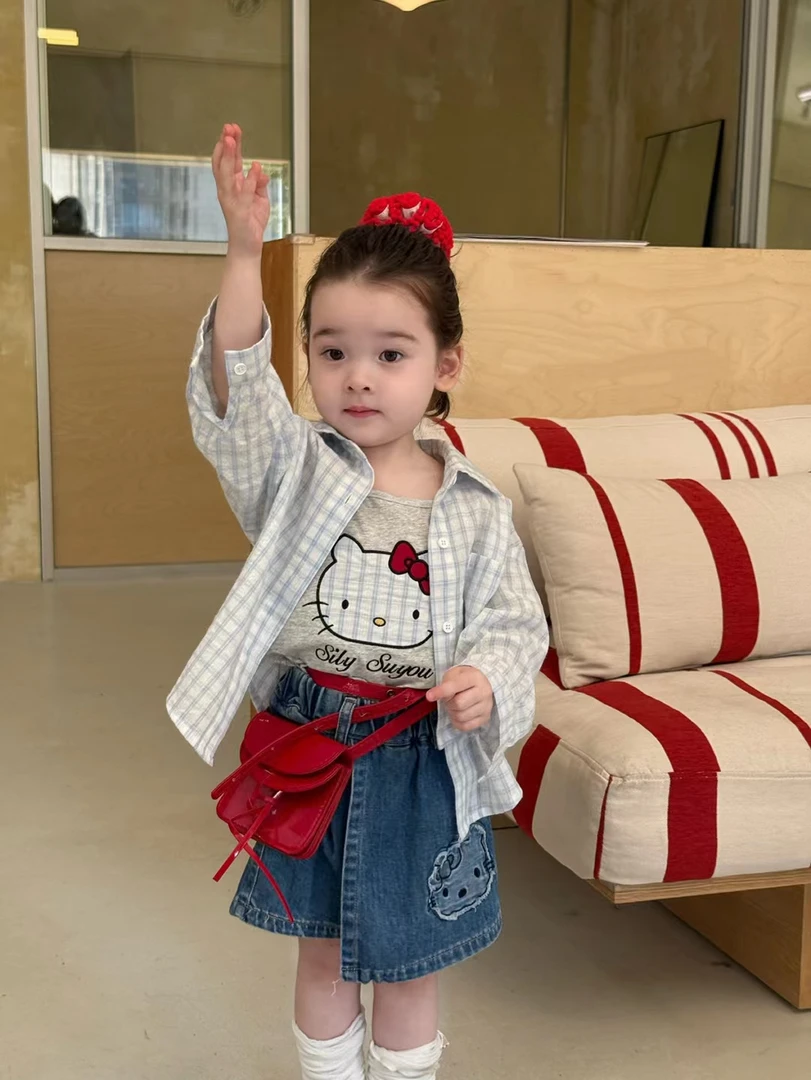 2025夏季新款女童小童韩版卡通猫吊带格子衬衫套装牛仔半裙套装
