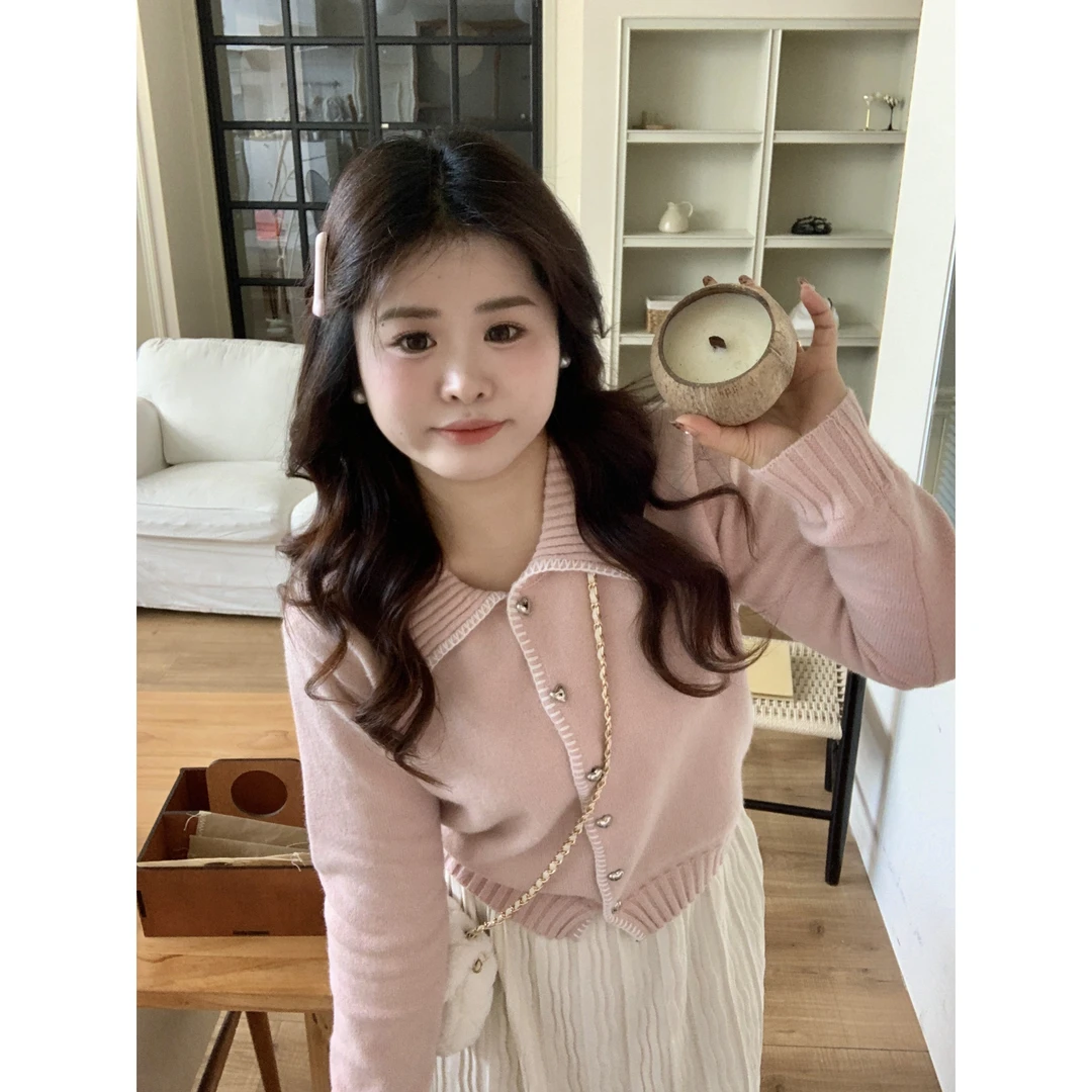 青苍【弥漫的粉】大头婷微胖定制秋冬翻领针织开衫甜美毛衣上衣