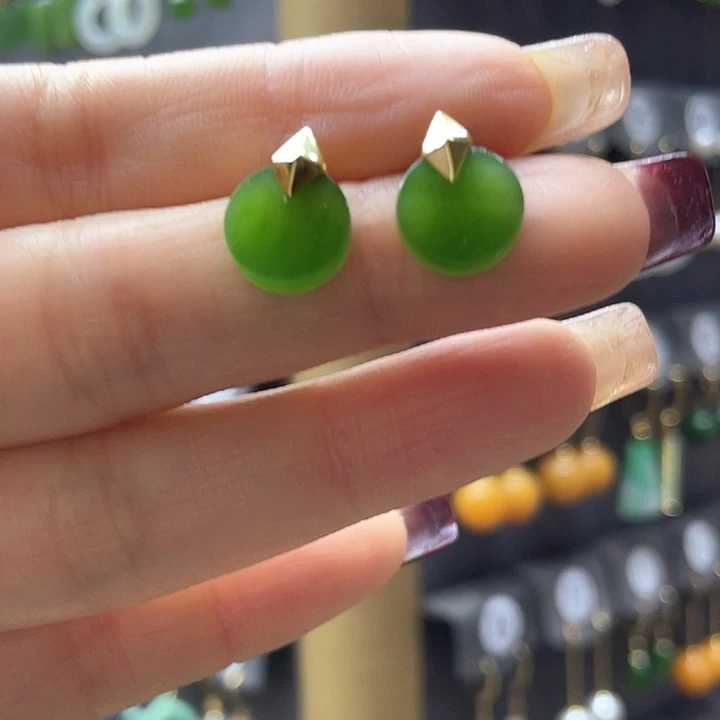 和田玉耳饰银S925镀金镶嵌