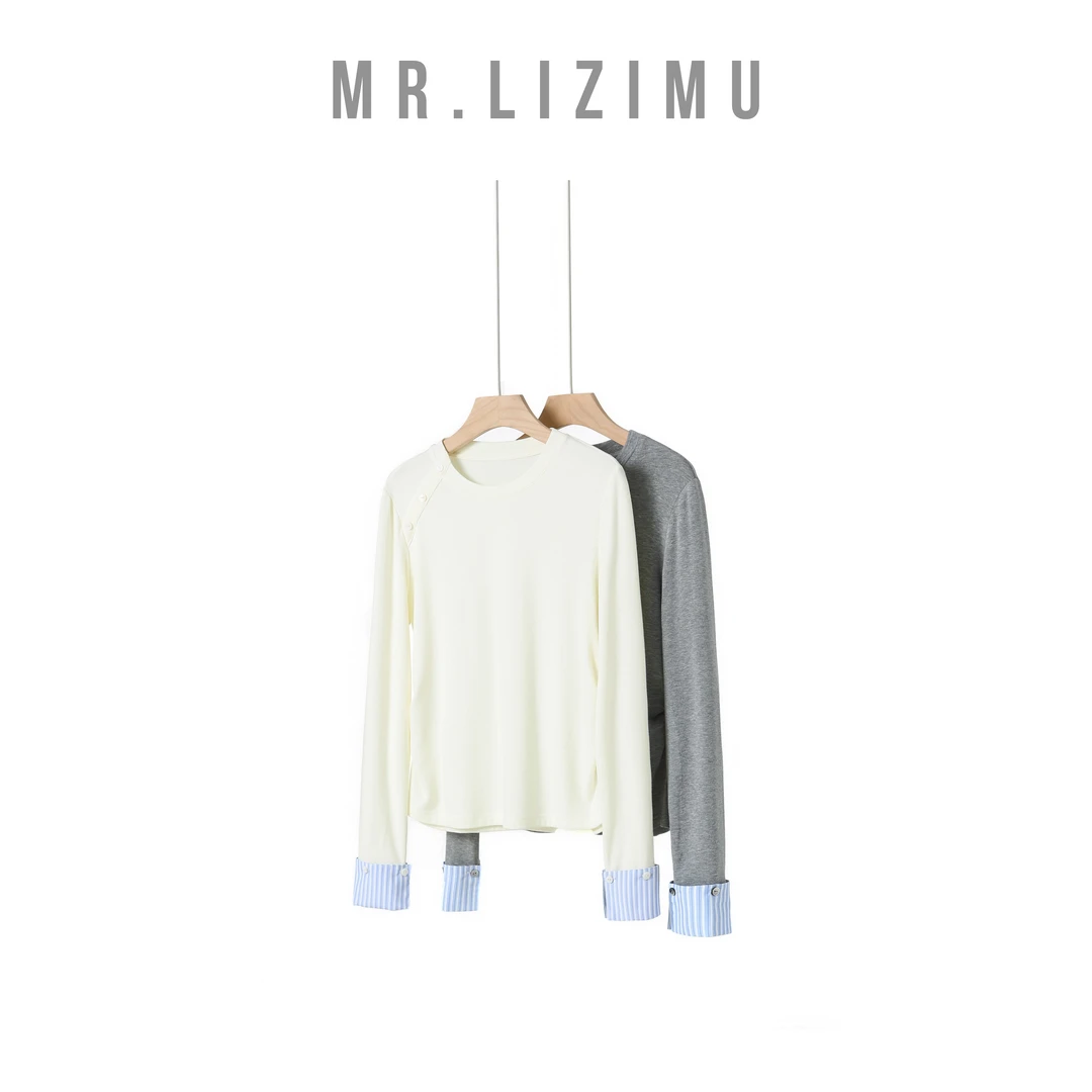 李子木先生精致优雅设计感侧肩纽扣拼接简约百搭打底2025秋季新款