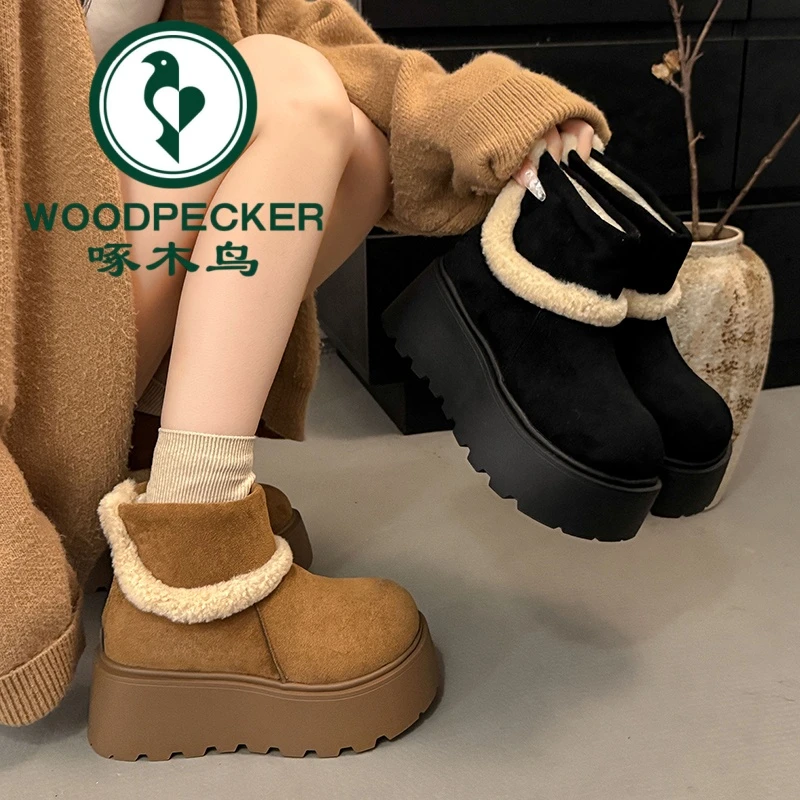 啄木鸟内增高8CM小个子勃肯马丁靴女加绒短靴2025冬季雪地靴棉鞋
