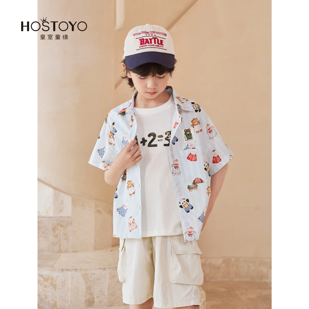 【中大童】2025夏季男童时尚满印卡通衬衫柔软短袖17230234009