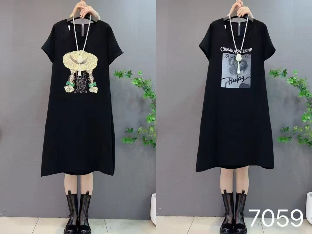 小两口双宽松韩版欧货图案连衣裙7059